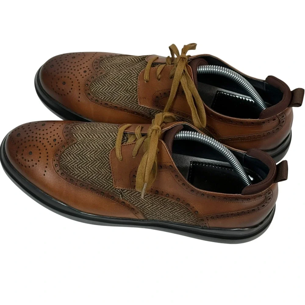 Zanzara Mens ZZ1556L Cognac Leather Herringbone Wingtip Oxford Shoes Size 11